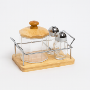 Salt & Sugar Pot Set – 3 Pcs Acrylic with Wooden Lid & Wooden Base